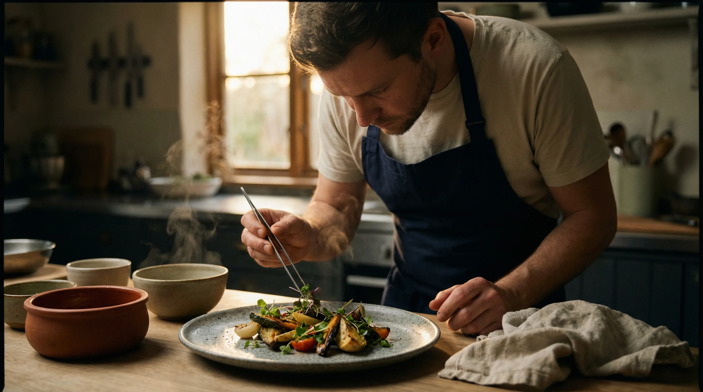 Chef Grant plating a seasonal dish with tweezers in his Napa Valley kitchen